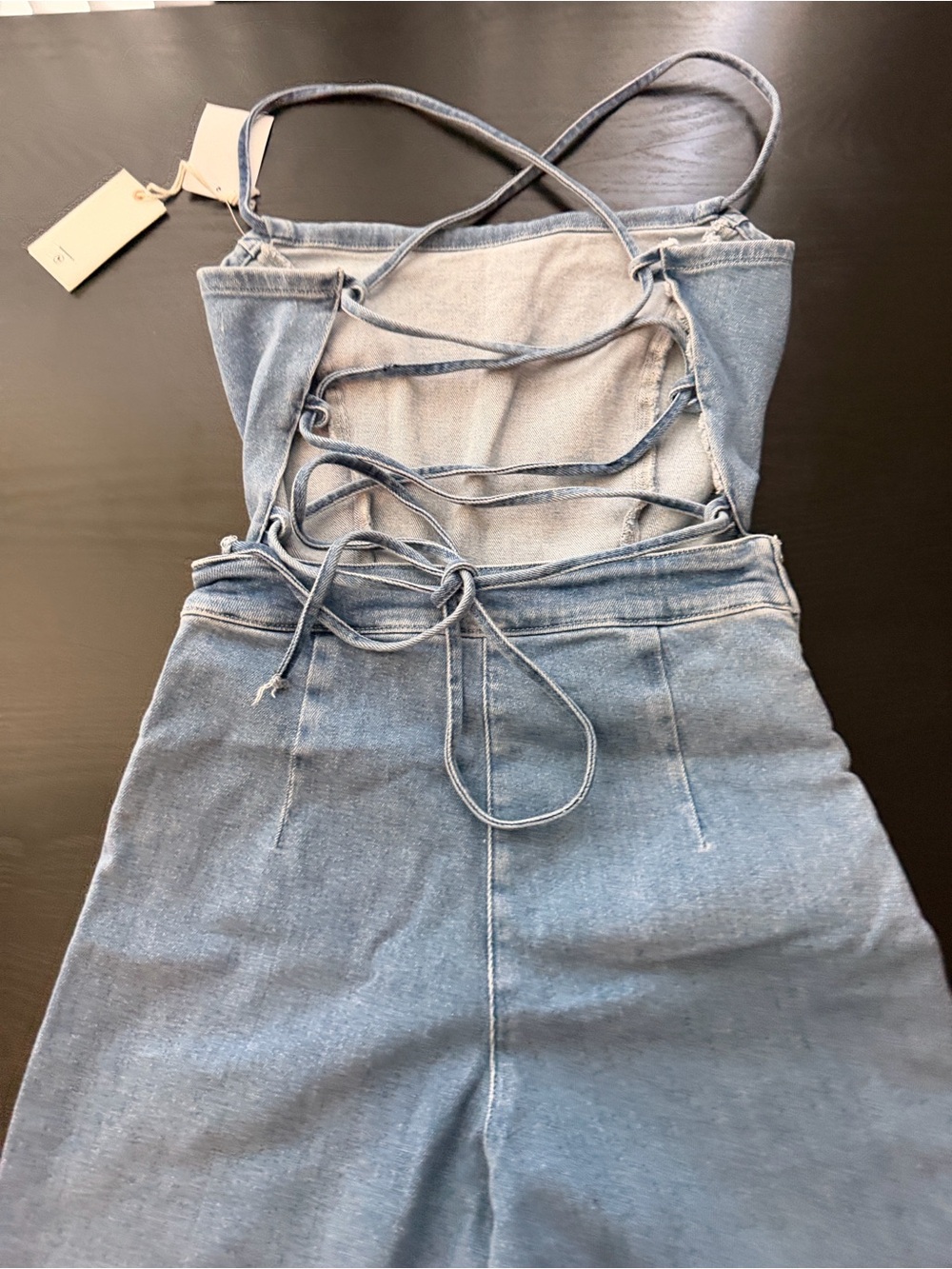 Good American Light Blue Lace-Up Back Wide Leg Denim Jumpsuit - Picture 5 of 7